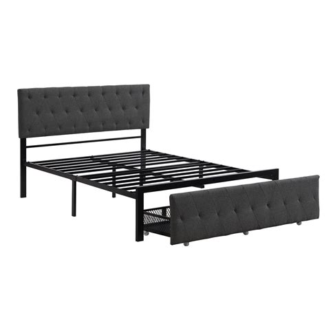 metal frame fabric lay on|upholstered metal bed frame.